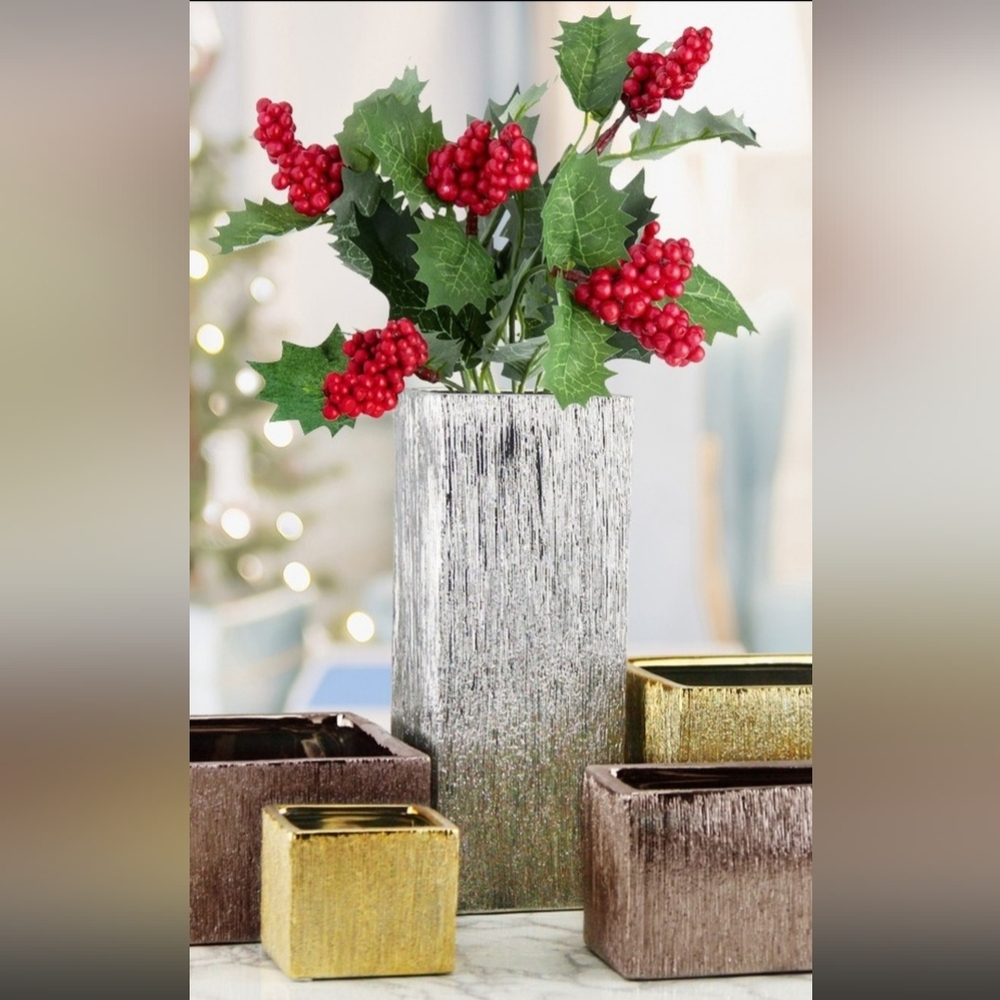 Silver Etched metallic ceramic rectangle Vase